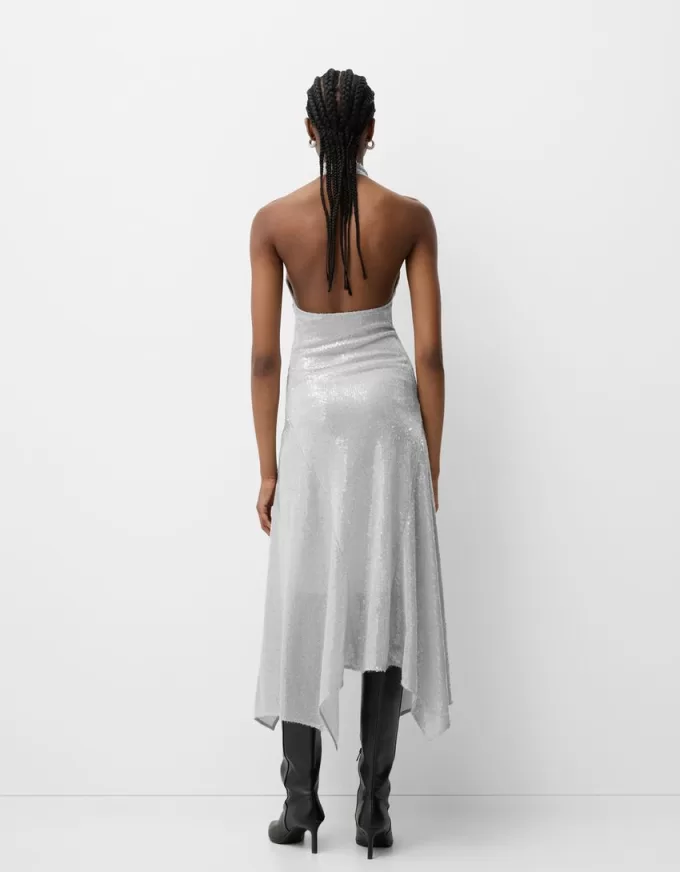 Abito midi con scollo all’americana con paillettes