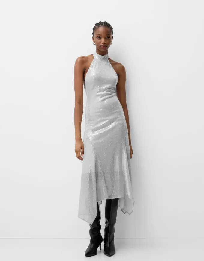 Abito midi con scollo all’americana con paillettes