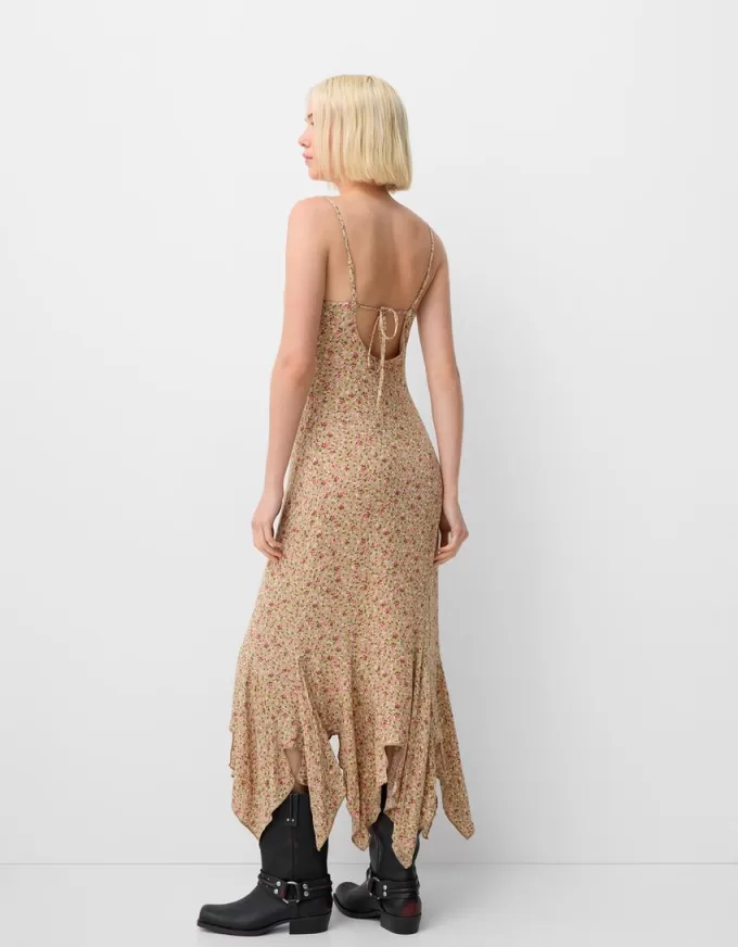 Abito midi in crêpe stampato con volant