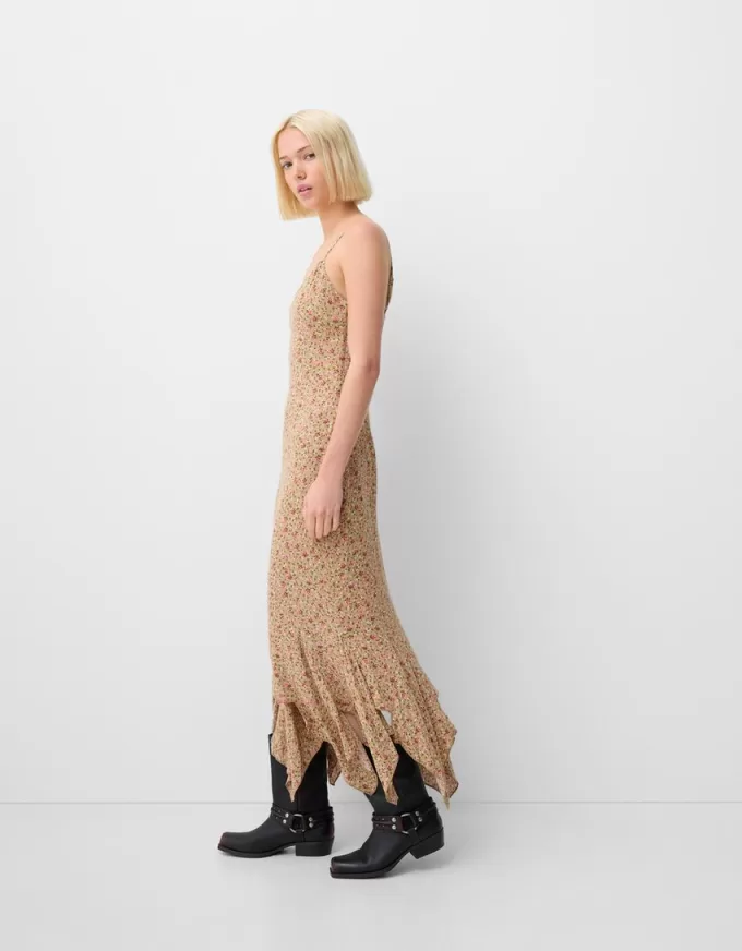 Abito midi in crêpe stampato con volant