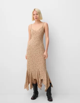 Abito midi in crêpe stampato con volant