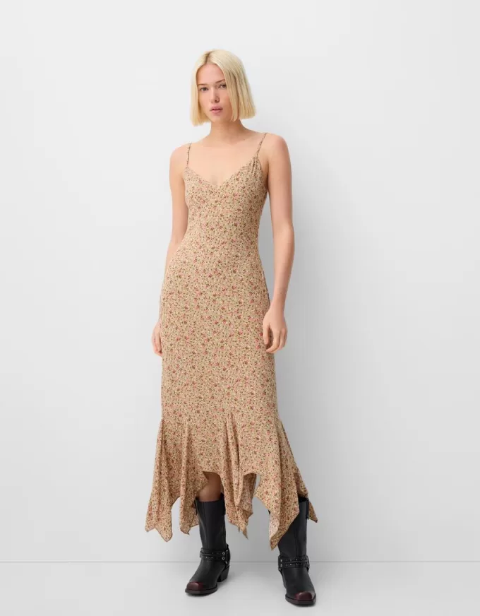 Abito midi in crêpe stampato con volant