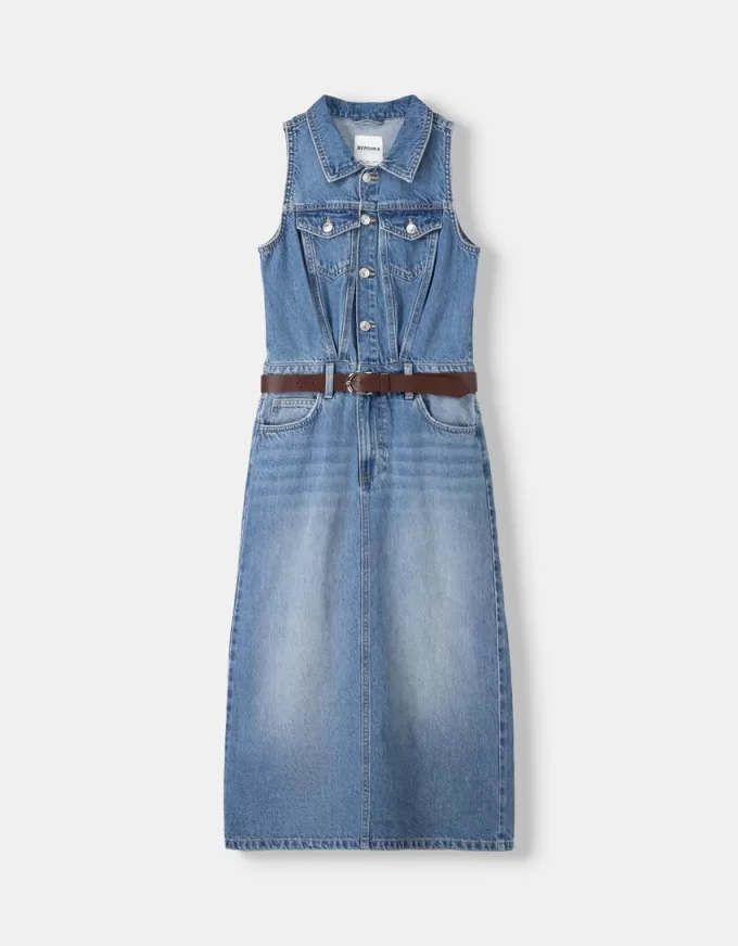 Abito midi in denim con cintura