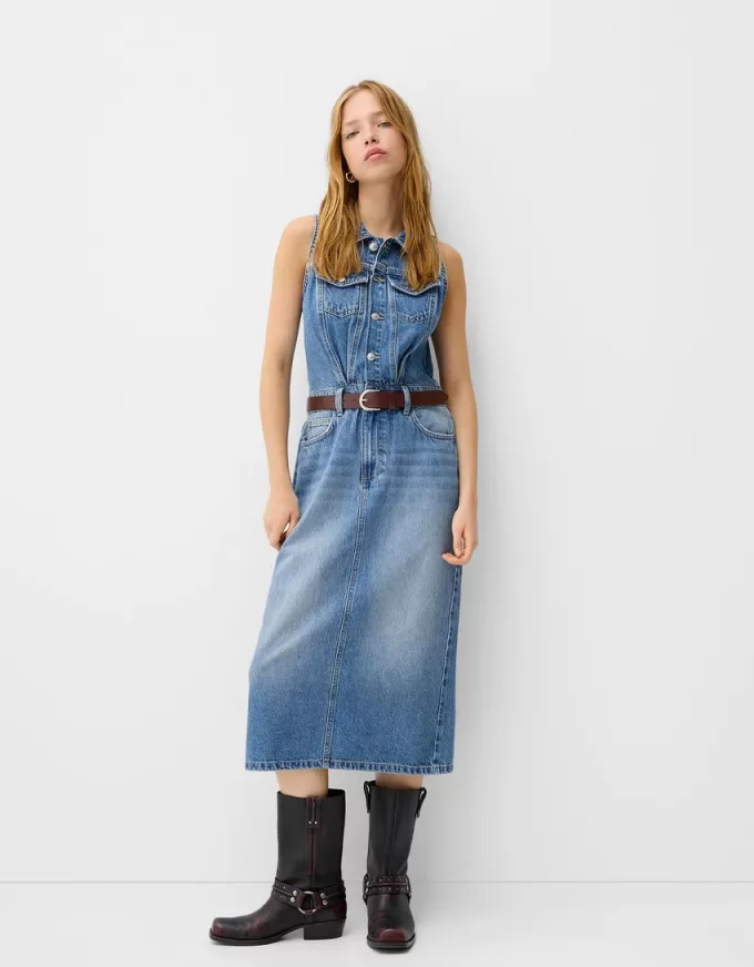 Abito midi in denim con cintura