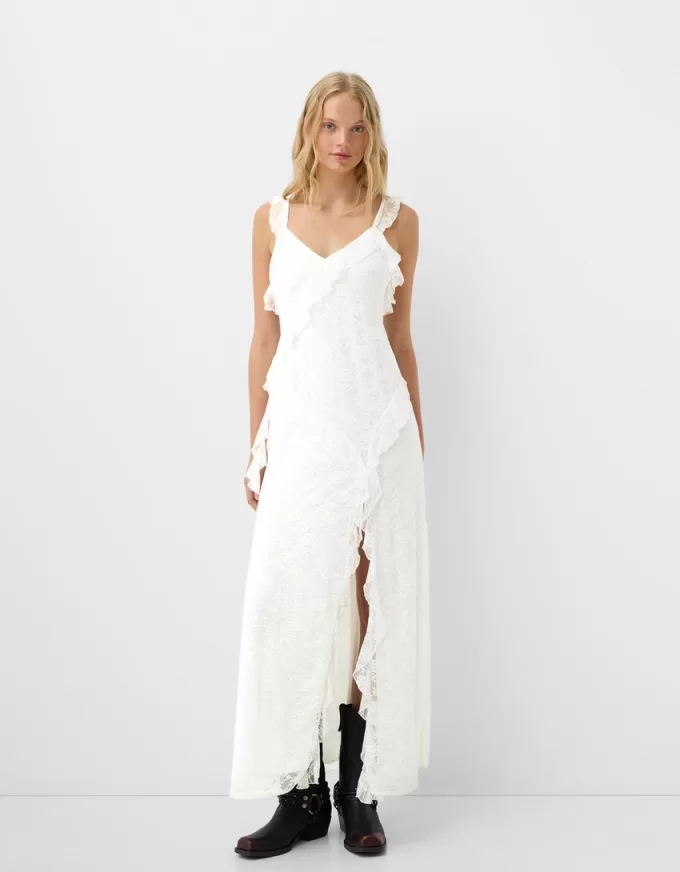 Abito midi in pizzo con spalline