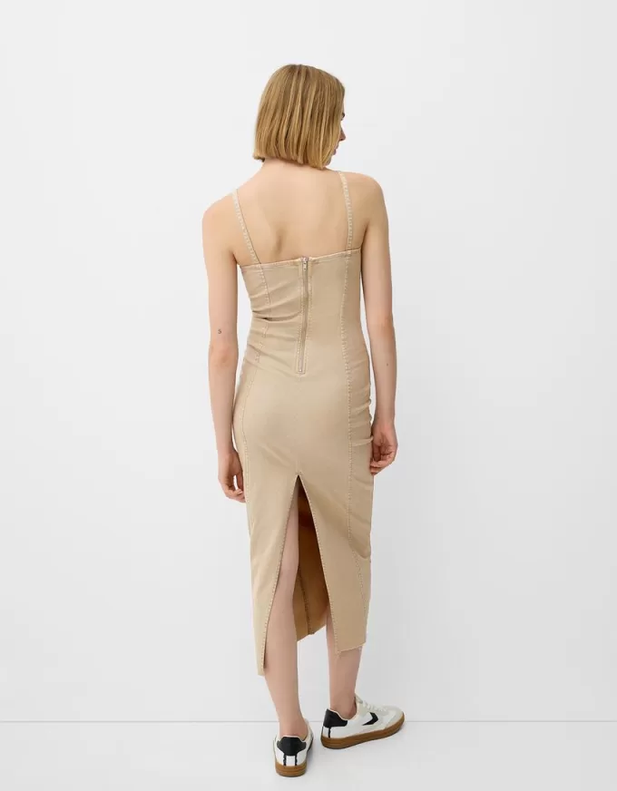 Abito midi in twill con spalline e dettagli di cuciture