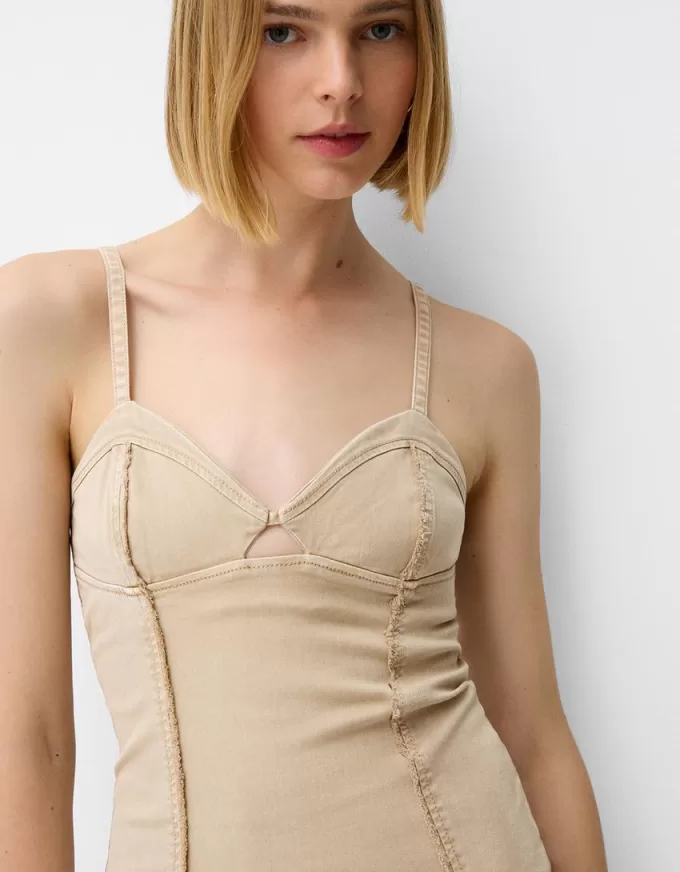 Abito midi in twill con spalline e dettagli di cuciture