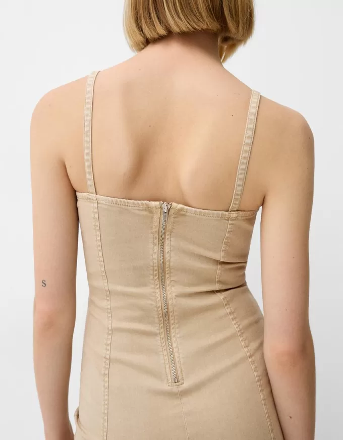 Abito midi in twill con spalline e dettagli di cuciture