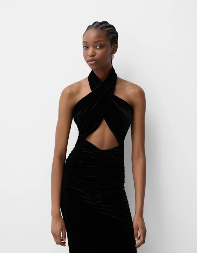 Abito midi in velluto con scollo all’americana