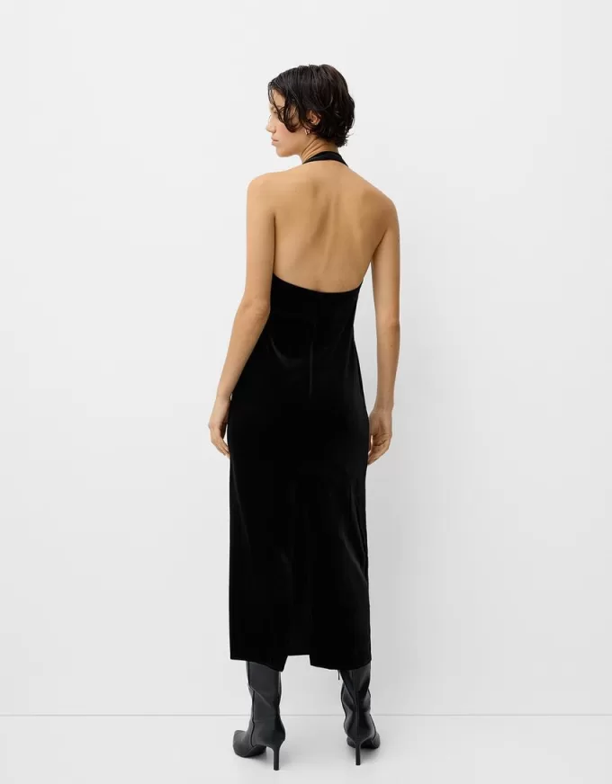 Abito midi in velluto con scollo all’americana