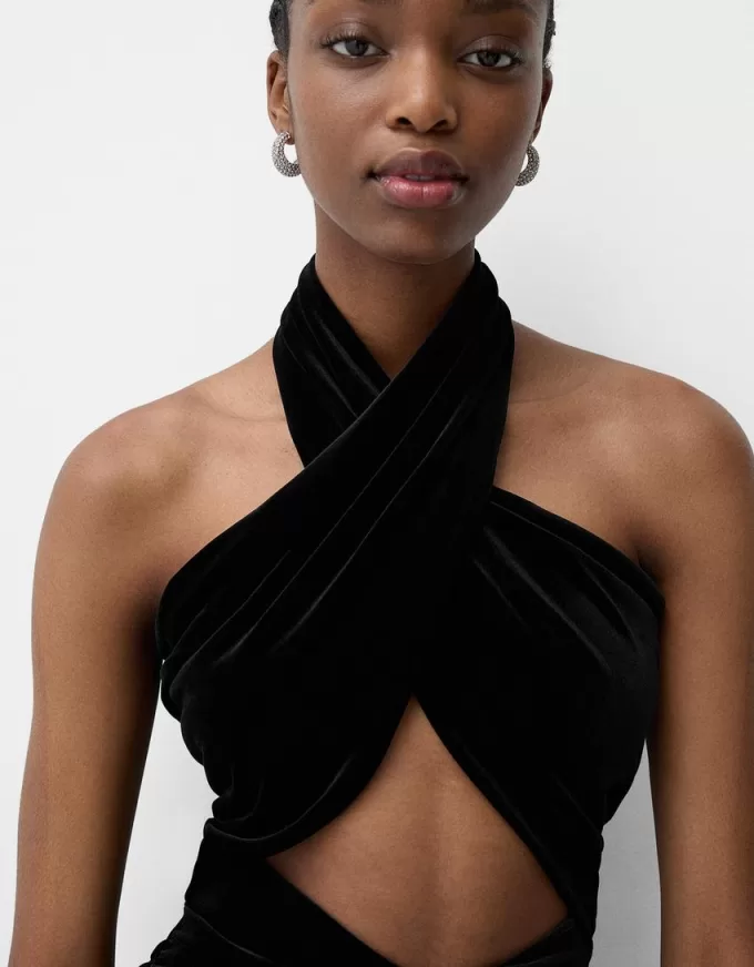 Abito midi in velluto con scollo all’americana