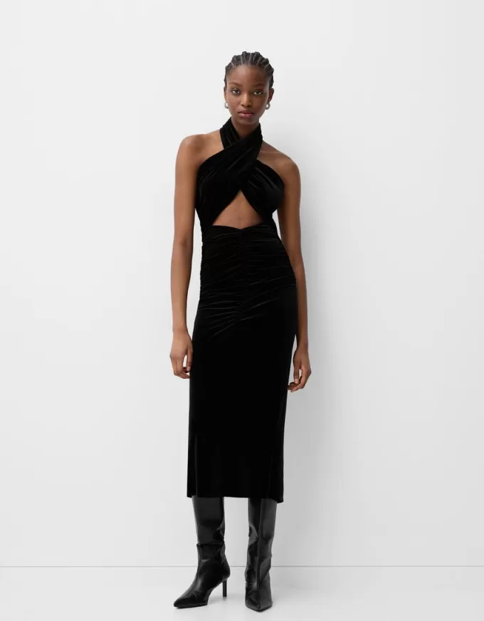 Abito midi in velluto con scollo all’americana