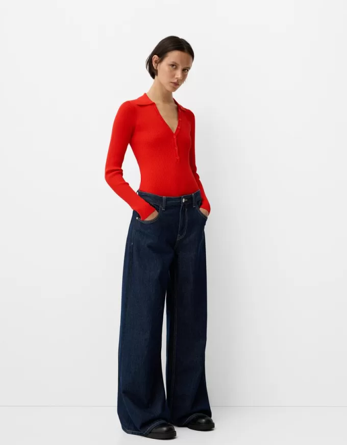 Body con colletto a polo ritagliato a maniche lunghe