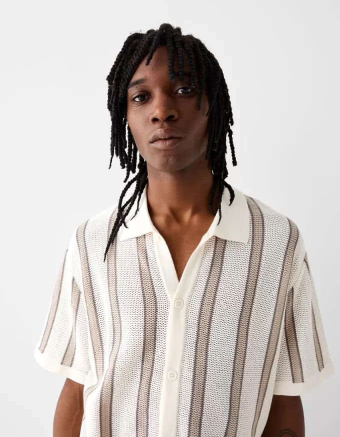 Camicia a maniche corte testurizzata a righe