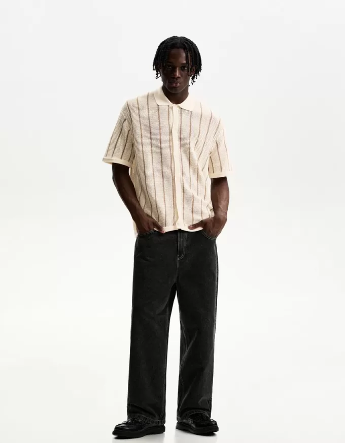 Camicia a maniche corte testurizzata a righe