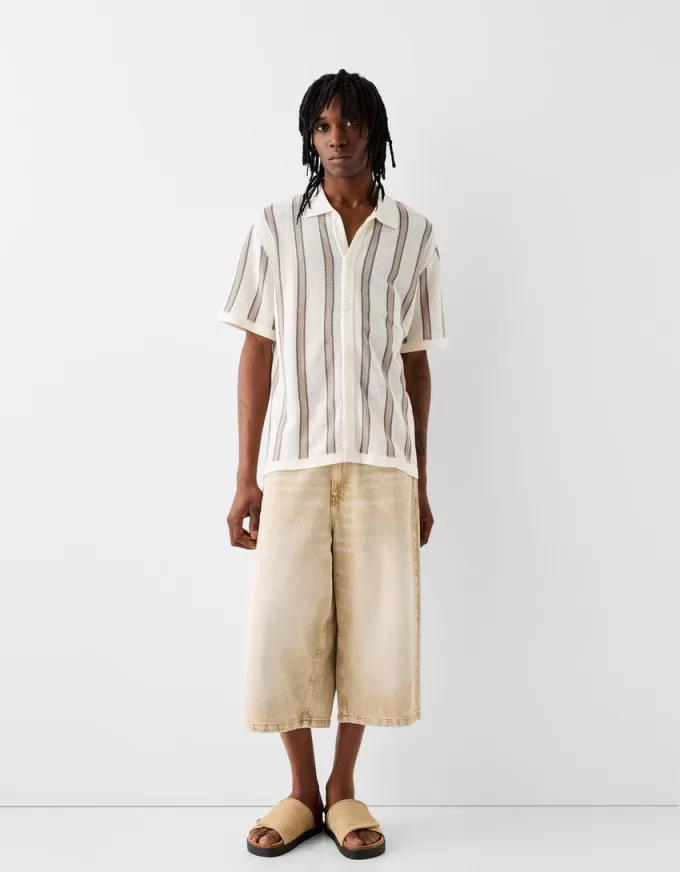 Camicia a maniche corte testurizzata a righe