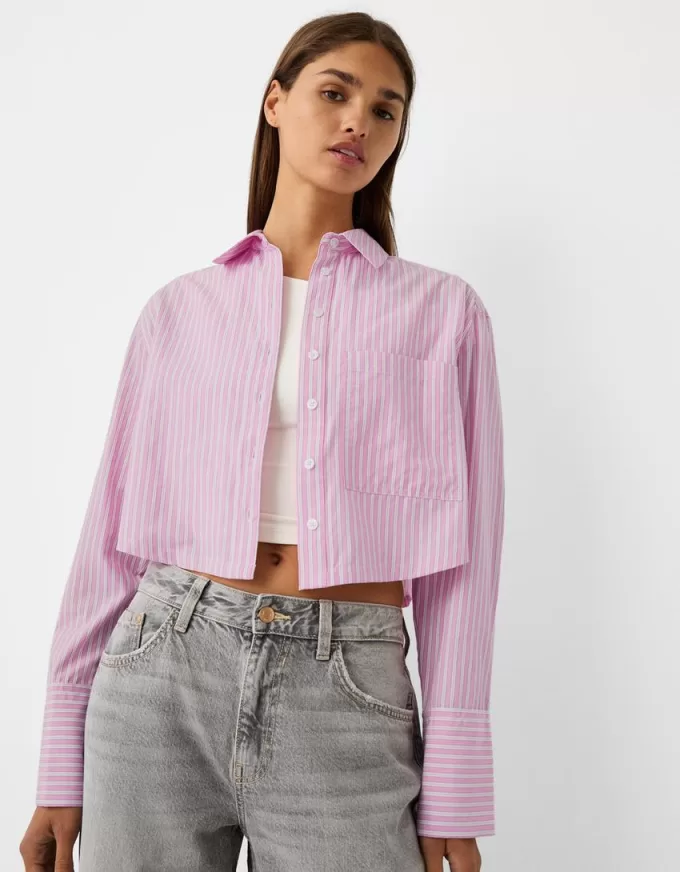 Camicia cropped in popeline con taschino