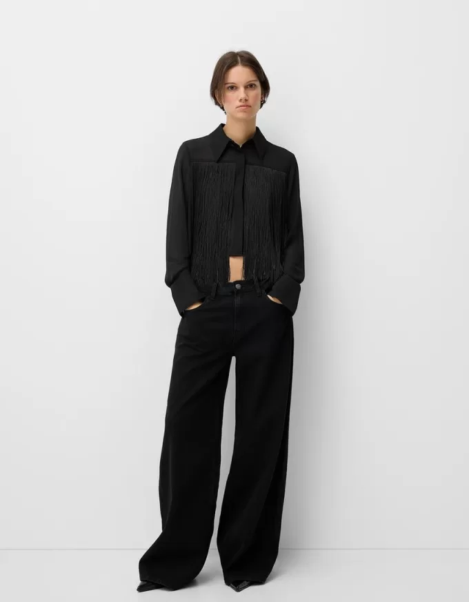 Camicia in chiffon a maniche lunghe con frange