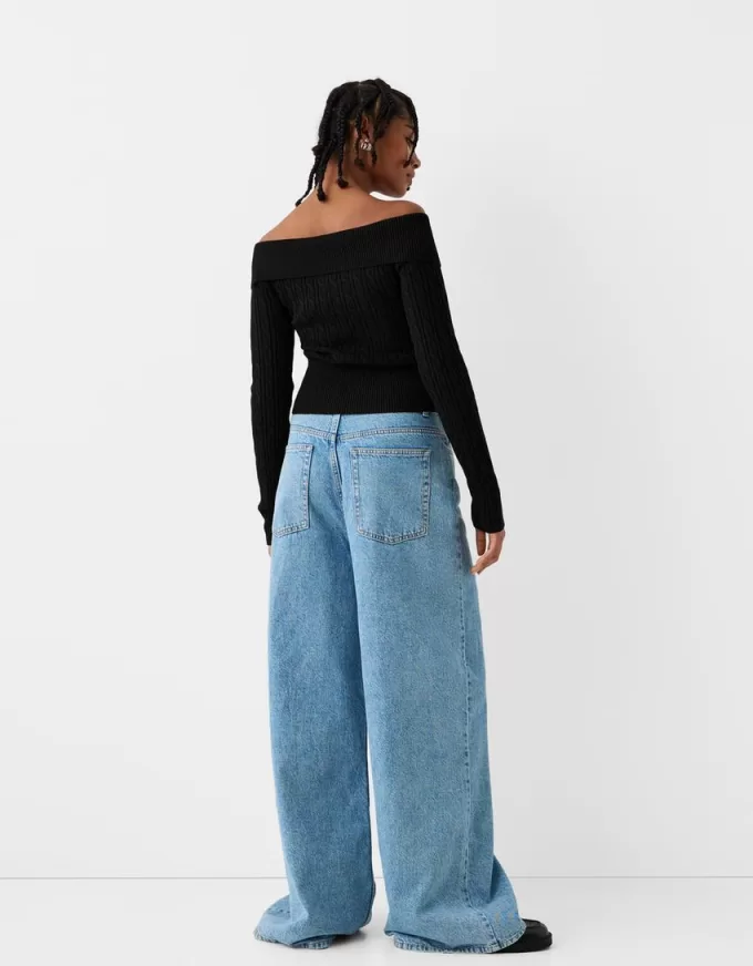 Cardigan Bardot in maglia a trecce con cerniera