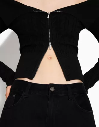 Cardigan Bardot in maglia a trecce con cerniera