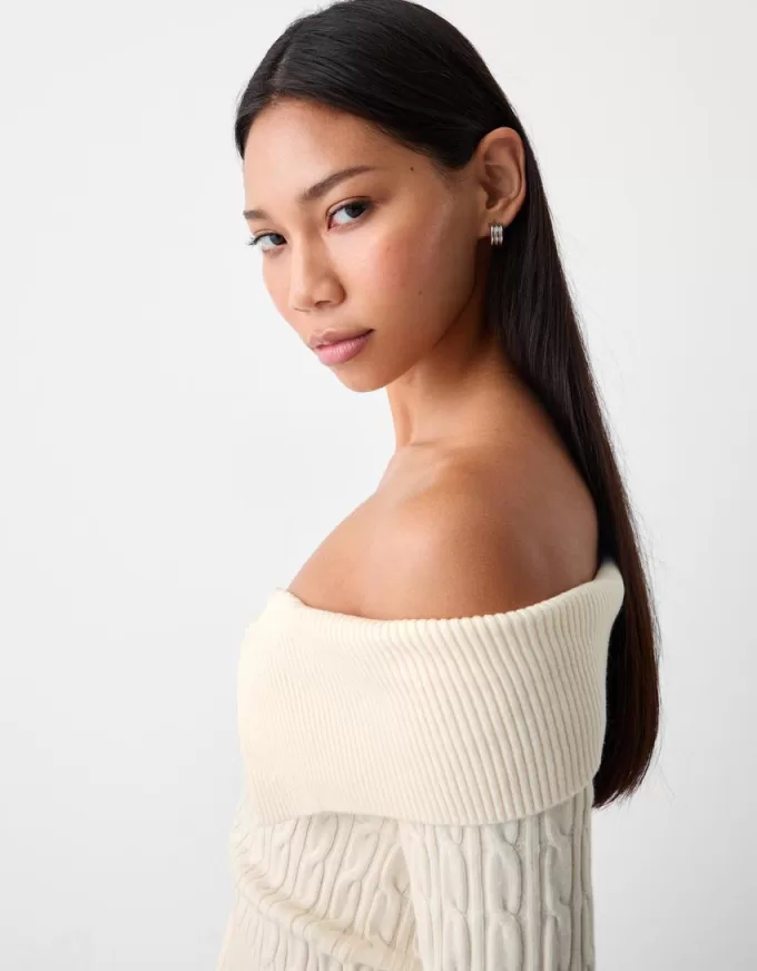 Cardigan Bardot in maglia a trecce con cerniera