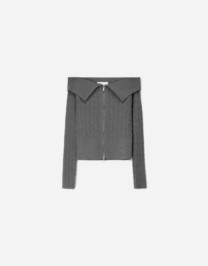 Cardigan Bardot in maglia a trecce con cerniera