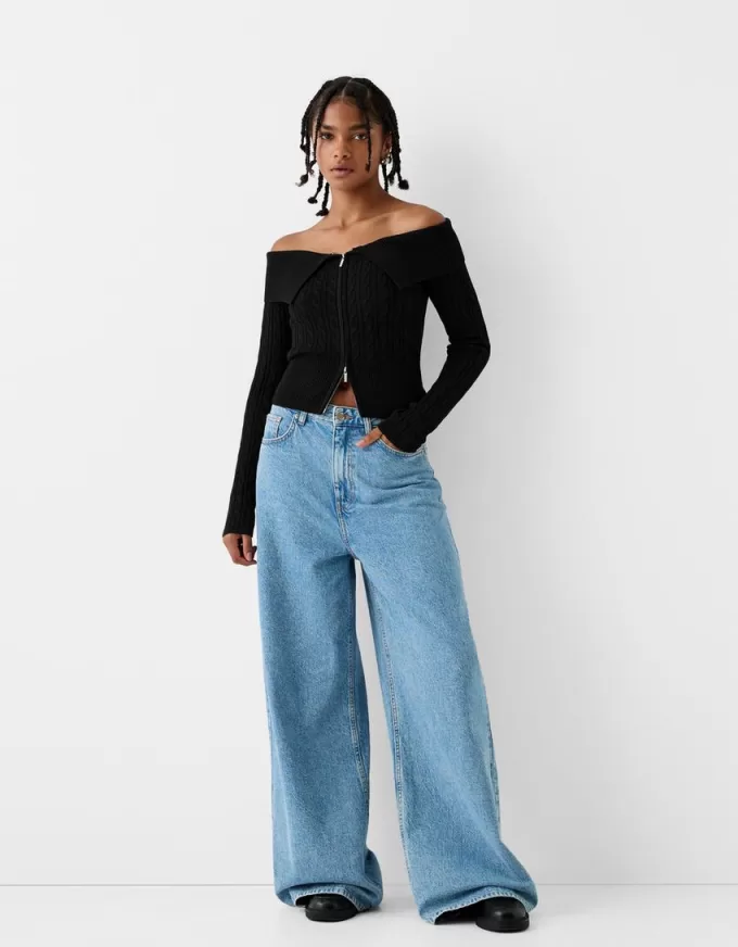 Cardigan Bardot in maglia a trecce con cerniera