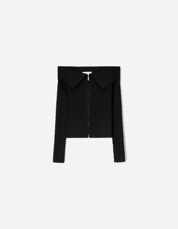 Cardigan Bardot in maglia a trecce con cerniera