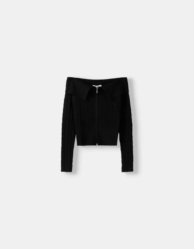 Cardigan Bardot in maglia a trecce con cerniera