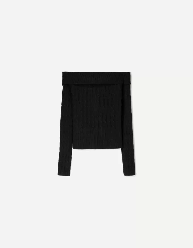 Cardigan Bardot in maglia a trecce con cerniera