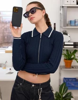 Giacca con zip e colletto polo lavorato a trecce