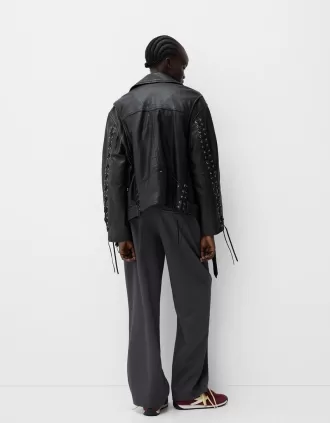 Giubbotto biker in pelle con dettaglio cravatta