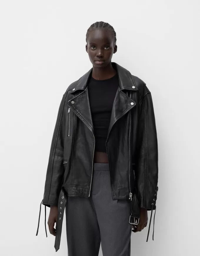 Giubbotto biker in pelle con dettaglio cravatta