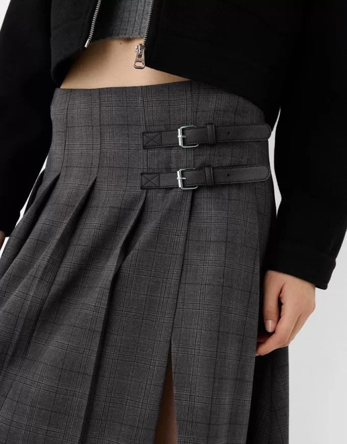 Gonna midi a pieghe con dettaglio cintura