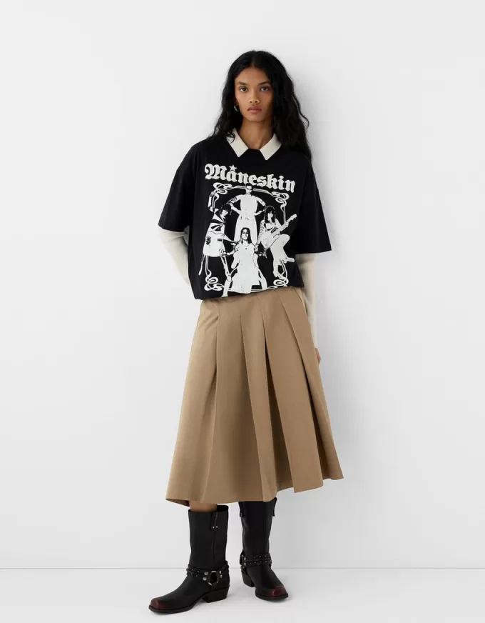 Gonna midi con pieghe a cannoncino e tasche