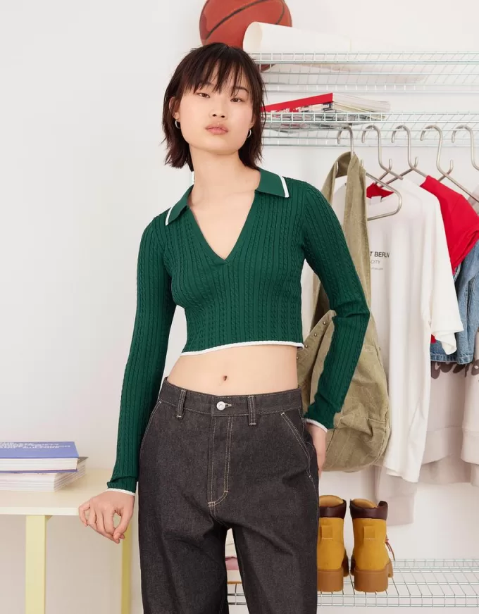 Maglione con collo polo lavorato a trecce