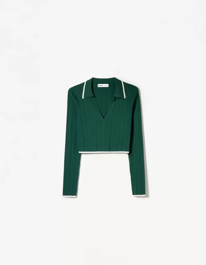Maglione con collo polo lavorato a trecce
