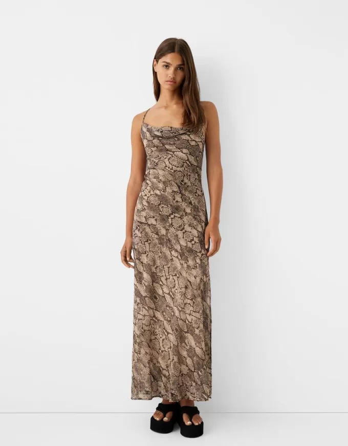 Maxi abito in chiffon con stampa animalier