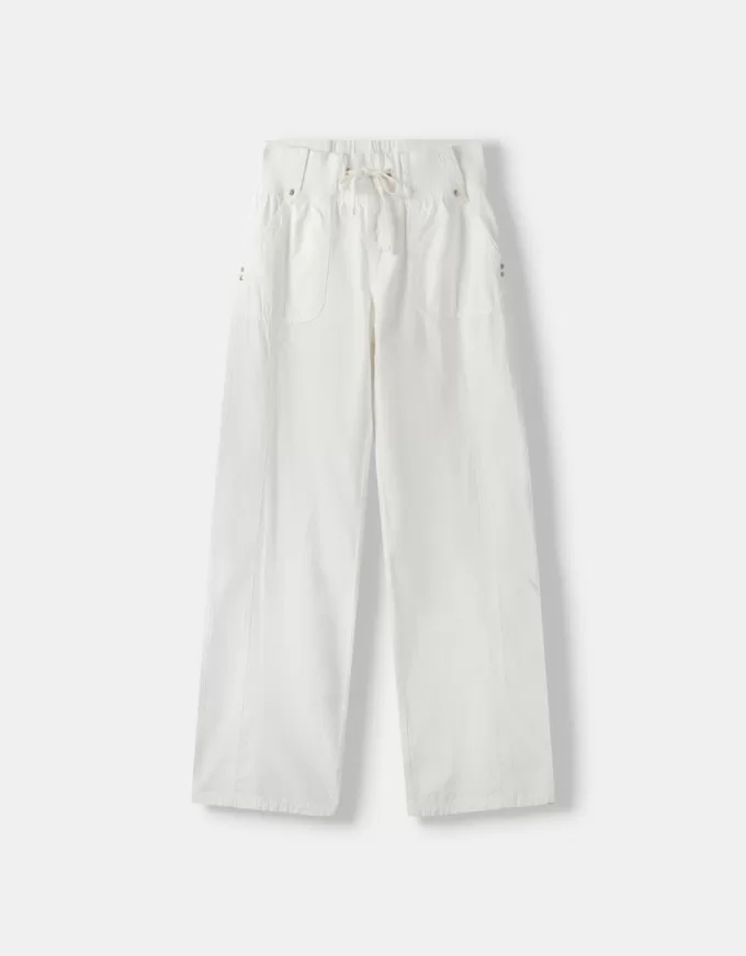 Pantaloni dritti in cotone con vita a coste