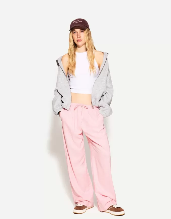 Pantaloni in misto lino con elastico in vita