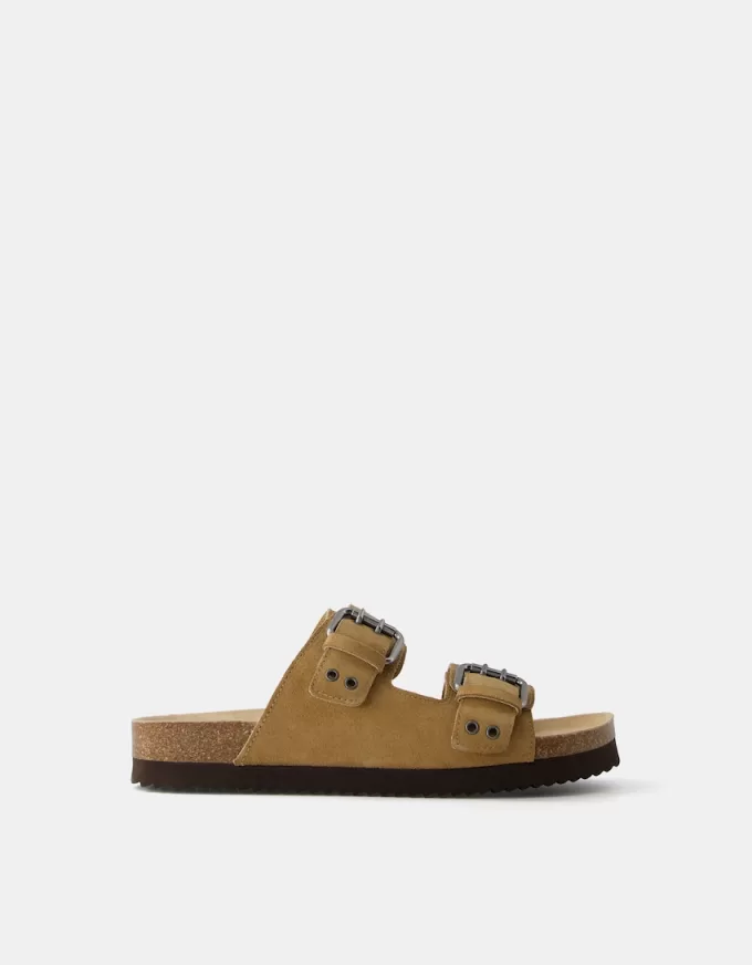 Sandali slider piatti con fibbia in PELLE