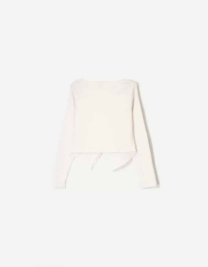 T-shirt a manica lunga a costine con pizzo biondo