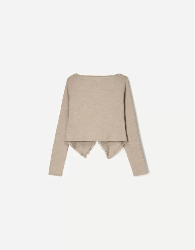 T-shirt a manica lunga a costine con pizzo biondo