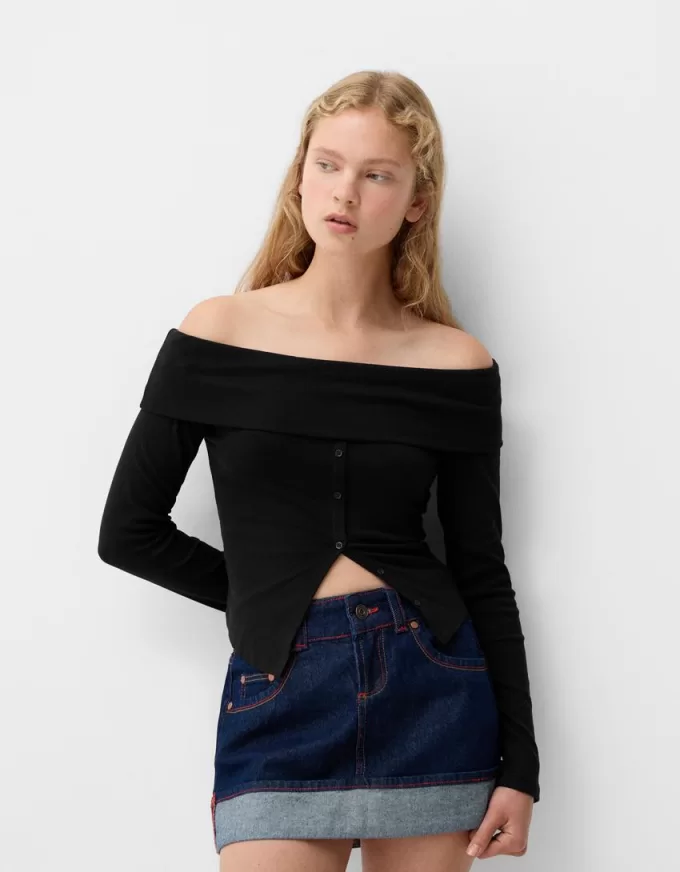 T-shirt a manica lunga con bottoni