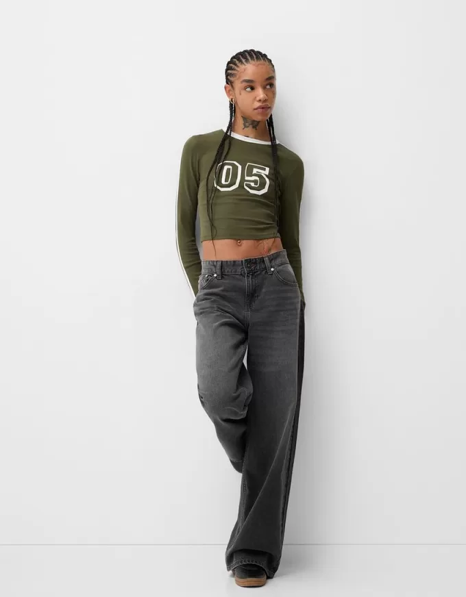 T-shirt a manica lunga con stampa e rifiniture