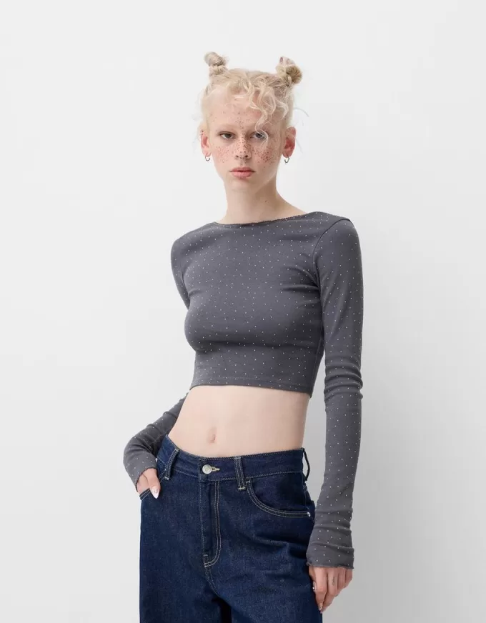 T-shirt a manica lunga con strass all over