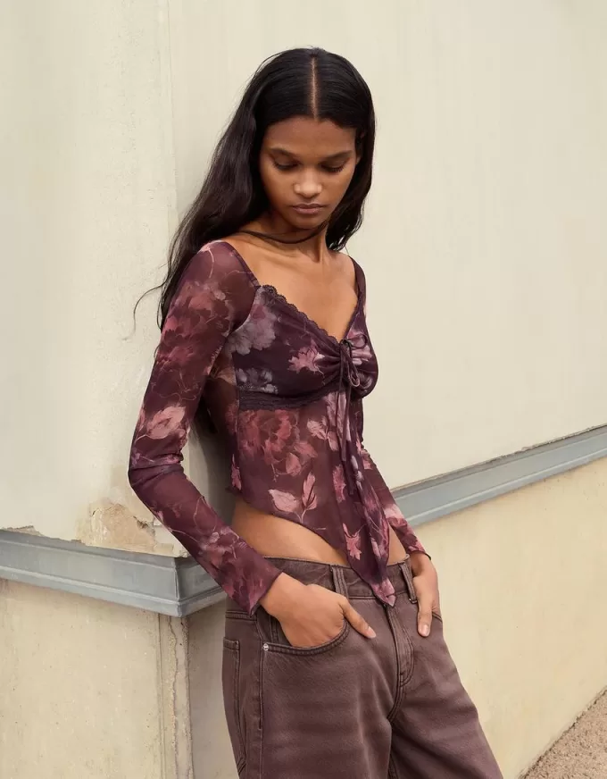 T-shirt a manica lunga in tulle stampato