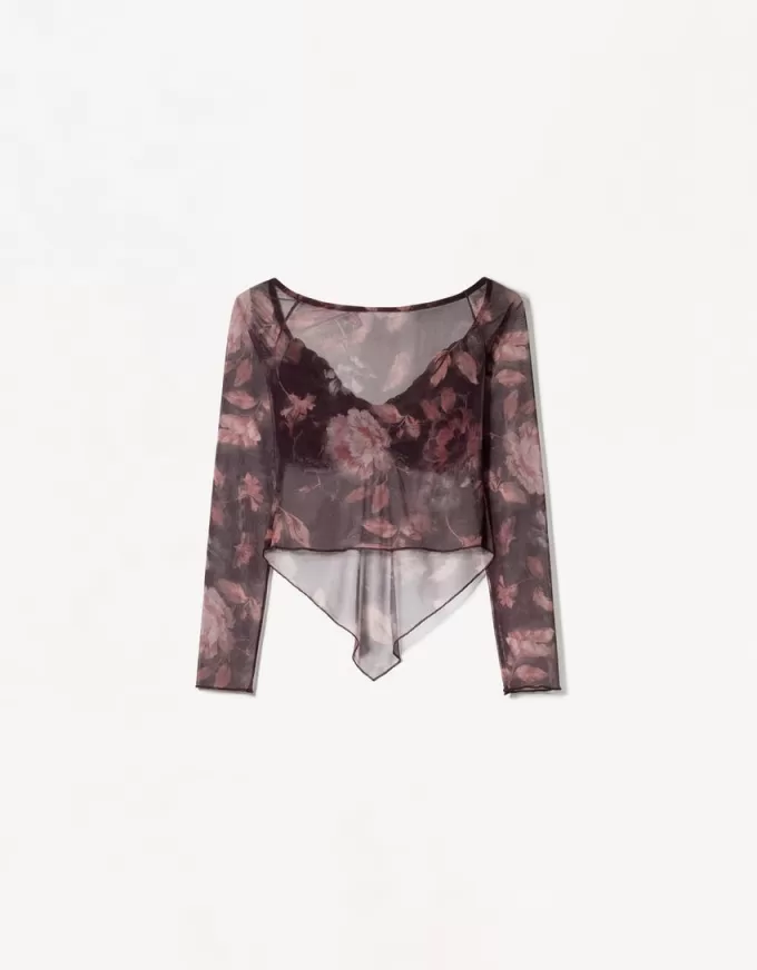 T-shirt a manica lunga in tulle stampato