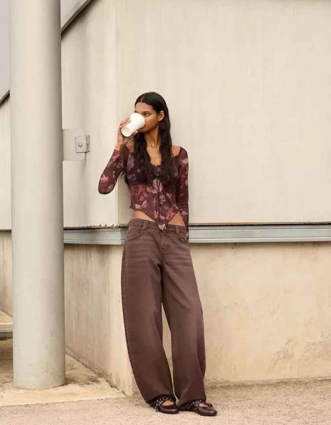 T-shirt a manica lunga in tulle stampato