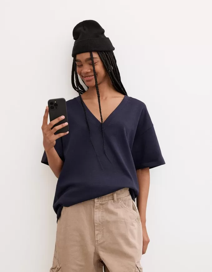 T-shirt a maniche corte scollo a V in cotone pesante